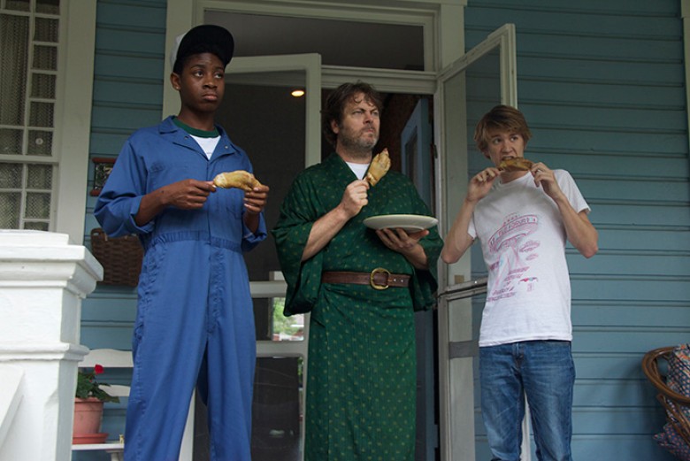 RJ Cyler as “Earl,” Nick Offerman as “Greg’s Dad,” and Thomas Mann as “Greg” in ME AND EARL AND THE DYING GIRL. Photo coutesy of Fox Searchlight Pictures. © 2015 Twentieth Century Fox Film Corporation All Rights Reserved