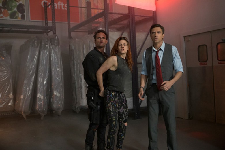 Laugher (Walton Goggins, left), Phoebe Larson (Kristen Stewart, center) and Adrian Yates (Topher Grace, right) in AMERICAN ULTRA. Photo Credit: Alan Markfield
