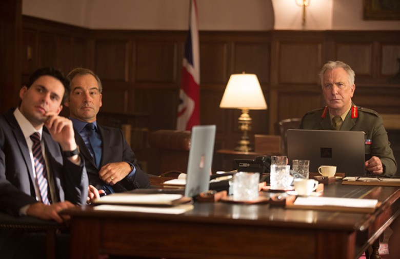 (Left to Right) Francis Chouler as Jack Cleary, Jeremy Northam as Brian Woodale and Alan Rickman as Lt. General Frank Benson in Gavin Hood’s EYE IN THE SKY, a Bleecker Street release.