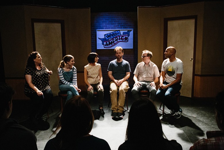 (L-R) Tami Sagher (Lindsay), Gillian Jacobs (Samantha), Kate Micucci (Allison), Mike Birbiglia (Miles), Chris Gethard (Bill), Keegan-Michael Key (Jack) in Mike Birbiglia’s DON’T THINK TWICE.
