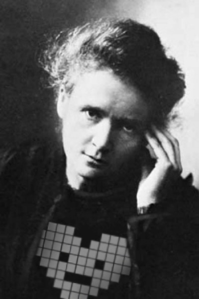 Madame Curie, always the jokester, hamming it up for the camera.   