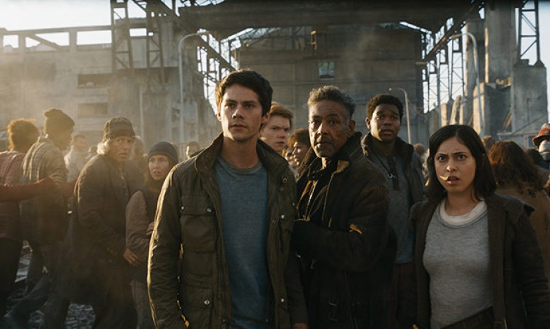 (L-R) Thomas (Dylan O’Brien), Newt (Thomas Brodie-Sangster), Cranks leader Jorge (Giancarlo Esposito), Frypan (Dexter Darden) and Brenda (Rosa Salazar). © 2017 Twentieth Century Fox Film Corporation. All Rights Reserved. Not for sale or duplication.