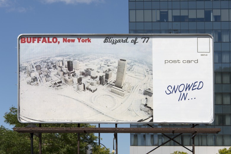 One of Stephen Powers' "Emotional Wayfinding" billboards at Elmwood Avenue and Mohawk Street in Buffalo, New York. Image courtesy Albright-Knox Art Gallery. Photograph by Tom Loonan.