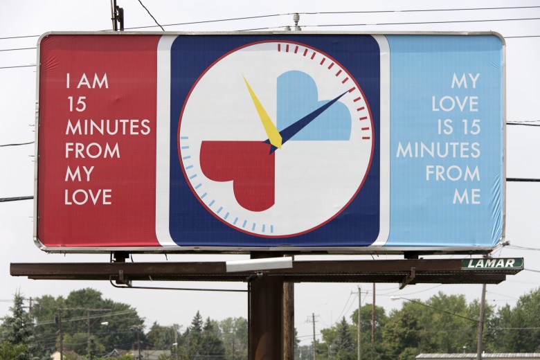 One of Stephen Powers' "Emotional Wayfinding" billboards at 3897 Broadway in Cheektowaga, New York. Image courtesy Albright-Knowx Art Gallery. Photograph by Tom Loonan.