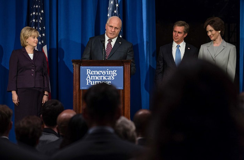 (From L to R) Amy Adams as Lynne Cheney, Christian Bale as Dick Cheney, Sam Rockwell as George W. Bush, and Andrea Wright as Laura Busch in Adam McKay’s VICE, an Annapurna Pictures release.