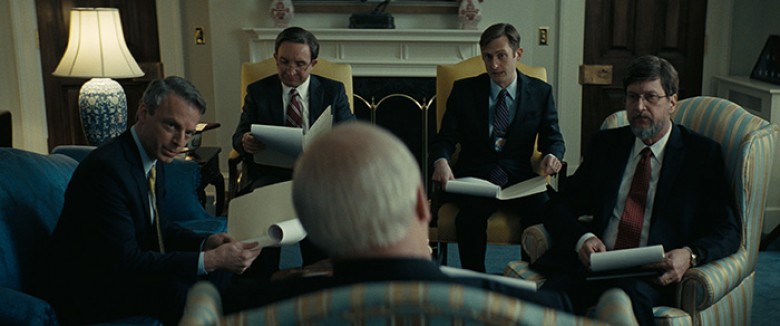 (From L to R) Justin Kirk as Scooter Libby, Eddie Marsan as Paul Wolfowitz, Brandon Bales as CIA Agent #1, and Don McManus as David Addington in Adam McKay’s VICE, an Annapurna Pictures release.