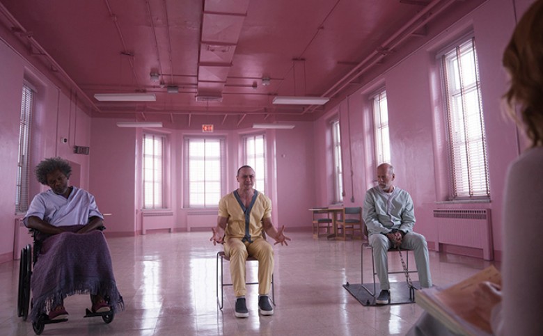 (L to R) SAMUEL L. JACKSON, JAMES MCAVOY, BRUCE WILLIS and SARAH PAULSON in “Glass.” Writer-director M. Night Shyamalan brings together the narratives of two of his standout originals—2000’s “Unbreakable,” from Touchstone, and 2016’s “Split,” from Univers