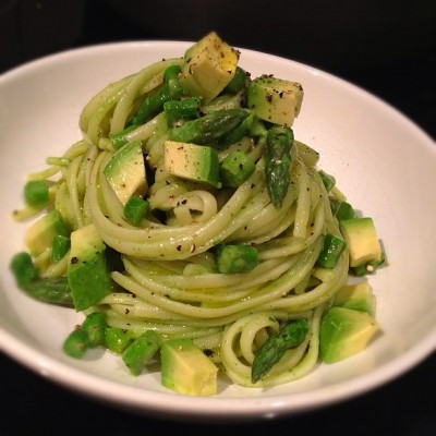 Tasty Fettuccine With Asparagus Red Pepper and Avocado