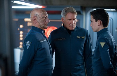 (L-R) BEN KINGSLEY, HARRISON FORD and ASA BUTTERFIELD star in ENDER’S GAME. 