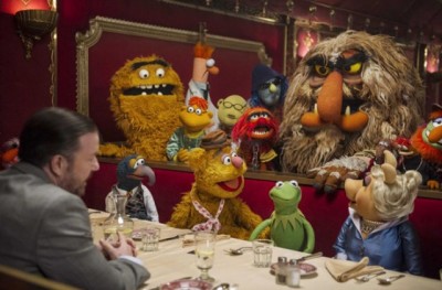 Ricky Gervais as Dominic Badguy with various Muppets  