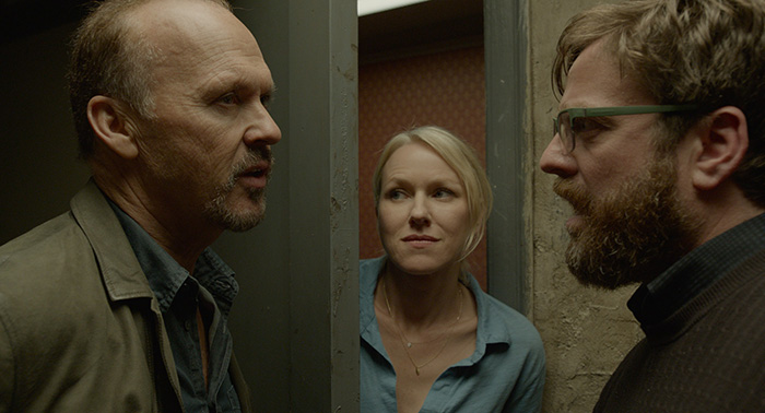 Michael Keaton as “Riggan,” Naomi Watts as “Lesley” and Zach Galifianakis as “Jake” in BIRDMAN.