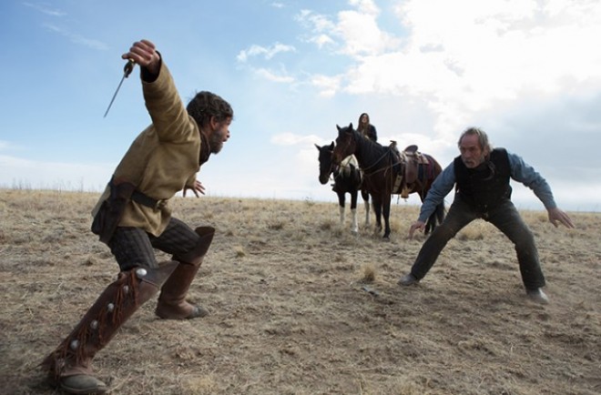 Tim Blake Nelson and Tommy Lee Jones in THE HOMESMAN. Photo credit: Dawn Jones
