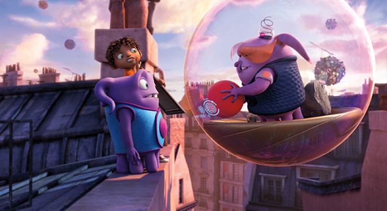 Bubble-riding Boovian traffic cop Kyle (Matt Jones) corners his prey, Oh (Jim Parsons) and Tip (Rihanna). Photo credit: DreamWorks Animation. Home © 2015 DreamWorks Animation LLC. All Rights Reserved.